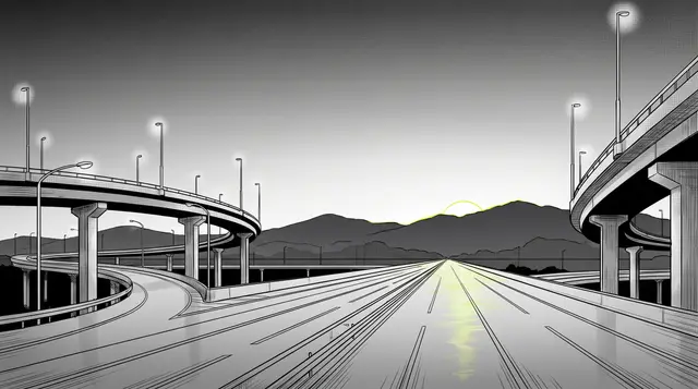 Manga panel of an empty highway interchange at dawn, lamps still lit and a thin chartreuse sunrise over the mountains