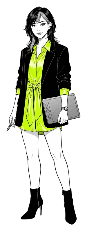 Mika Tanabe, the drawn manga host of this guide, with a graphics tablet and stylus