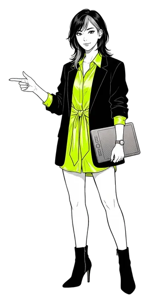 Mika Tanabe, the drawn manga host of this guide, pointing to the list beside her