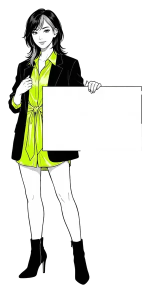 Mika Tanabe, the drawn manga host of this guide, holding a board that reads: Friday 10 AM to Monday 4 AM