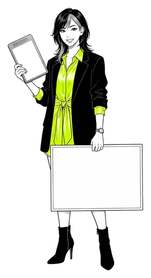 Mika Tanabe, the drawn manga host of this guide, holding a board that reads: Four of the nine casinos are open around the clock
